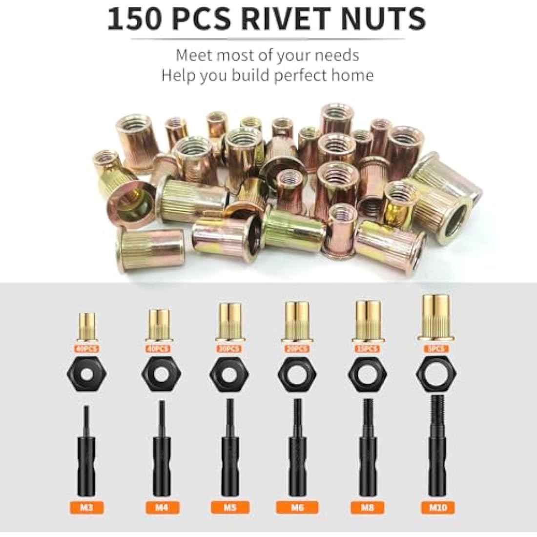 HARDELL Rivet Tool Kits, Rivet Nut Pliers Set, 14" Heavy Duty Hand Rivnut Gun with 150 Rivet Nuts and M3 M4 M5 M6 M8 M10 6 Metric Mandrels，Heat-treated Alloy Steel better for Thick Sheet Steel