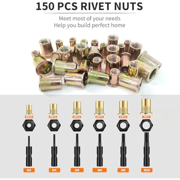HARDELL Rivet Tool Kits, Rivet Nut Pliers Set, 14" Heavy Duty Hand Rivnut Gun with 150 Rivet Nuts and M3 M4 M5 M6 M8 M10 6 Metric Mandrels，Heat-treated Alloy Steel better for Thick Sheet Steel