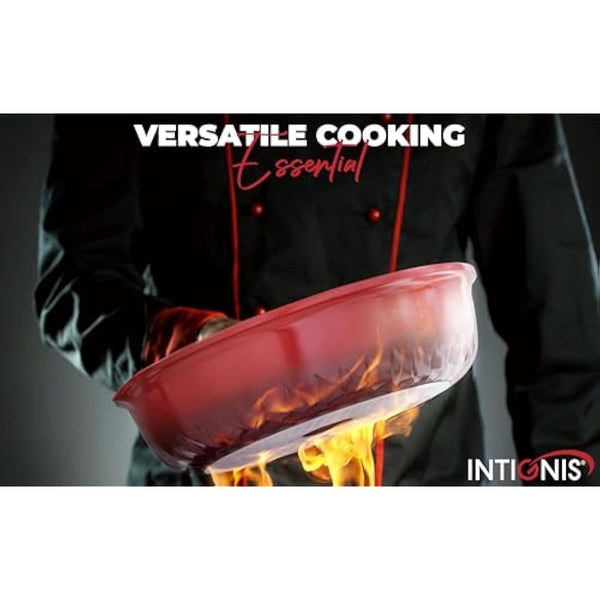 INTIGNIS Deep Non-Stick Frying Pan with Lid – 3-in-1 Sauté Pan, Skillet & Mini Wok – GREBLON Ceramic Coating | Induction Hob Safe | Stainless Steel Base |PTFE & PFOA Free (Red, 28 cm)