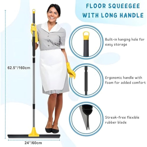 Floor Squeegee Outdoor Heavy Duty, 60cm Rubber Squeegee Broom with Long Handle 160cm for Cleaning Garage Courtyard Bathroom Shower Glass Window Tile Concrete Deck Marble Water