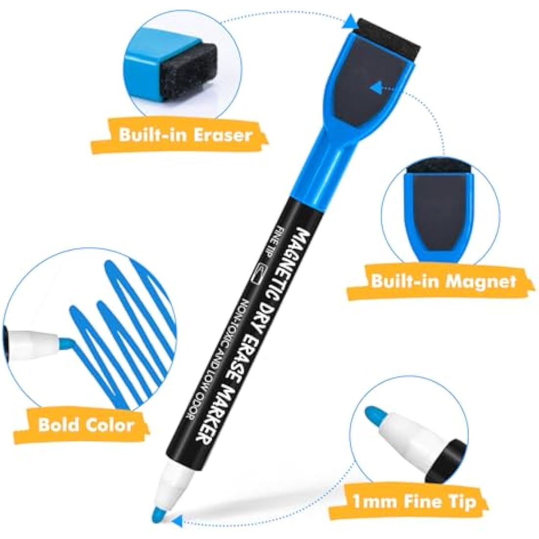 maxtek Dry Wipe Whiteboard Markers with Magentic, Fine Tip, Assorted Colours, White Board Pens with Eraser (Fine tip 8 color, 16)