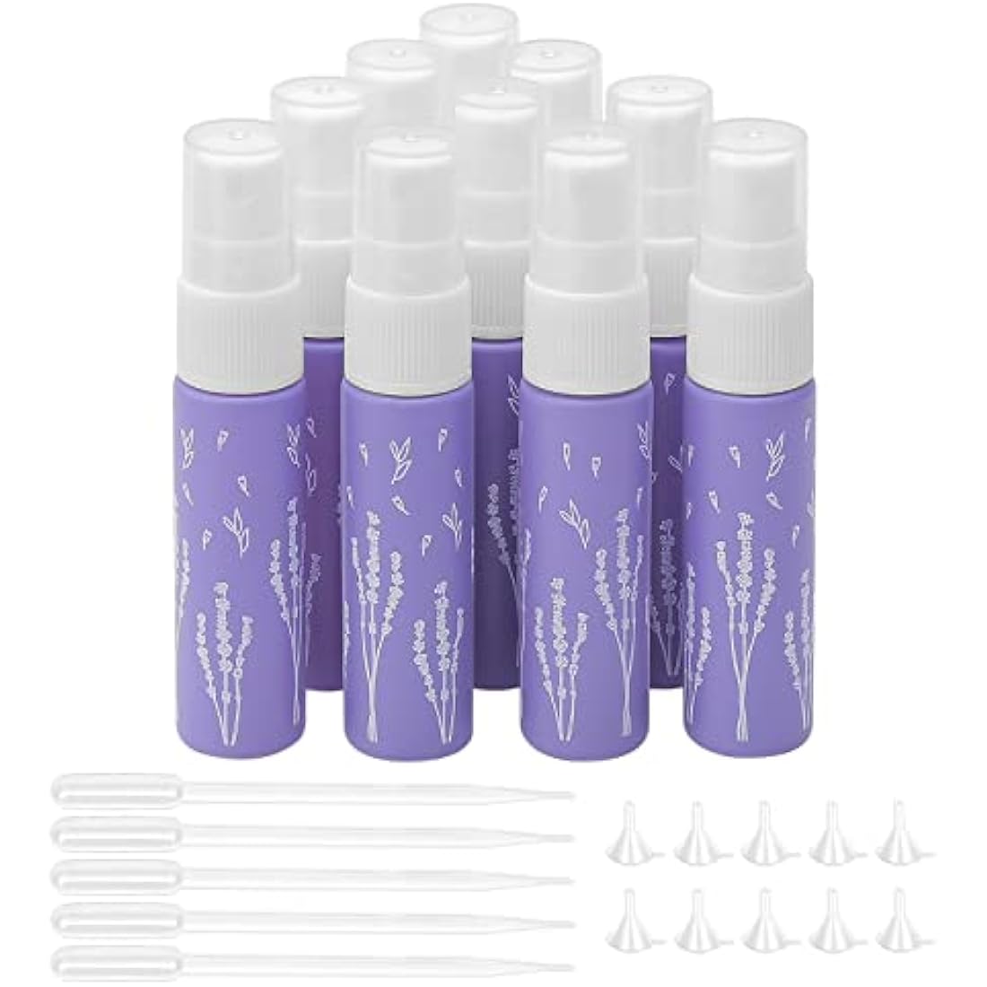 Unxuey 10pcs 10ml Purple Perfumes Spray Bottles, Dispenser Atomizer, Glass Empty Tube Travel Size Refillable Sample Container for Various Water-based Liquids with 10 Funnels+5 Droppers