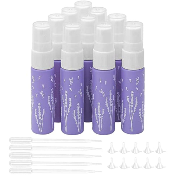 Unxuey 10pcs 10ml Purple Perfumes Spray Bottles, Dispenser Atomizer, Glass Empty Tube Travel Size Refillable Sample Container for Various Water-based Liquids with 10 Funnels+5 Droppers