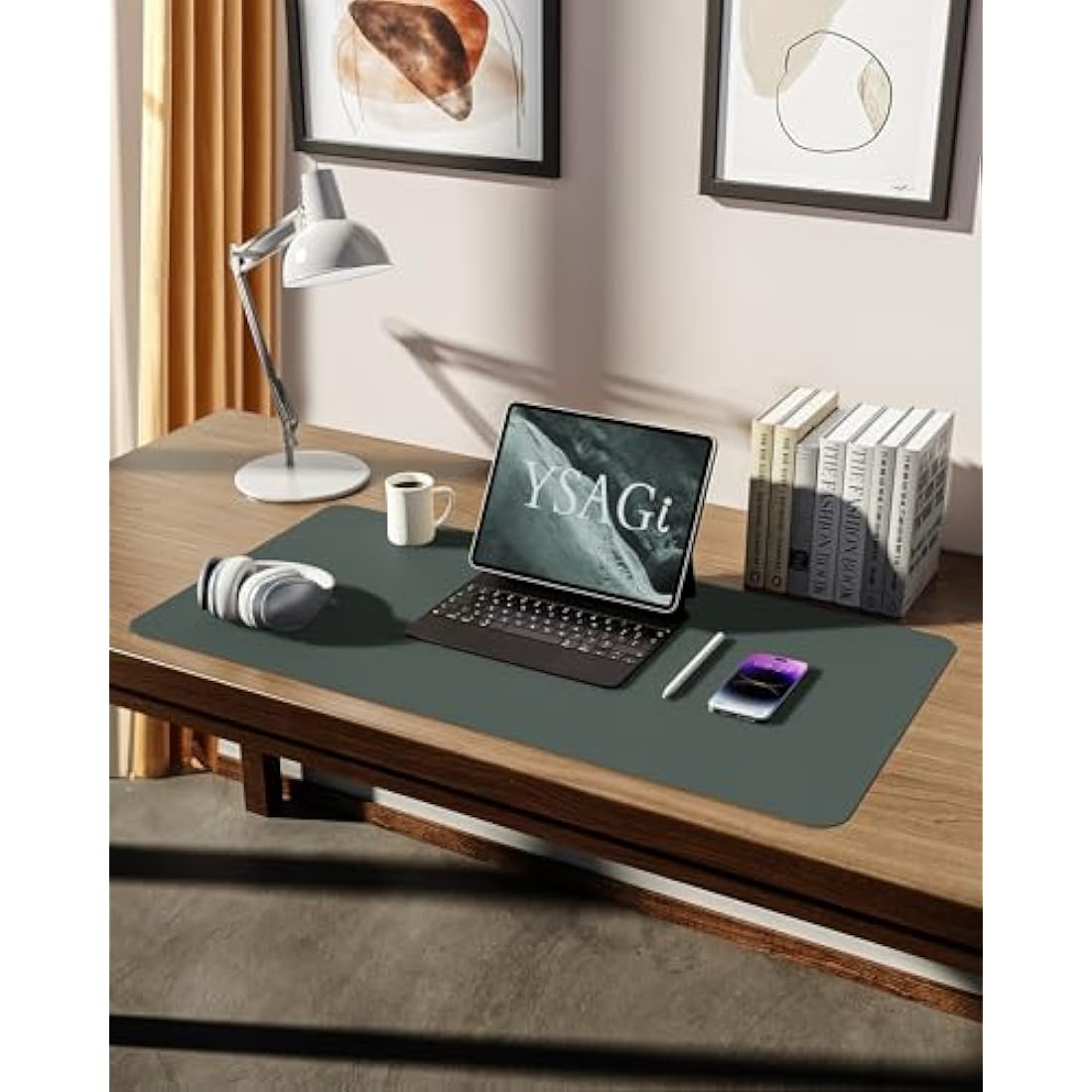 YSAGi Leather Desk Mat, Large Mouse Mat, Non-Slip Desk Pad, Waterproof PU Leather Table Protector Writing Pad for Office and Home (80 x 40 cm, Dark Green)