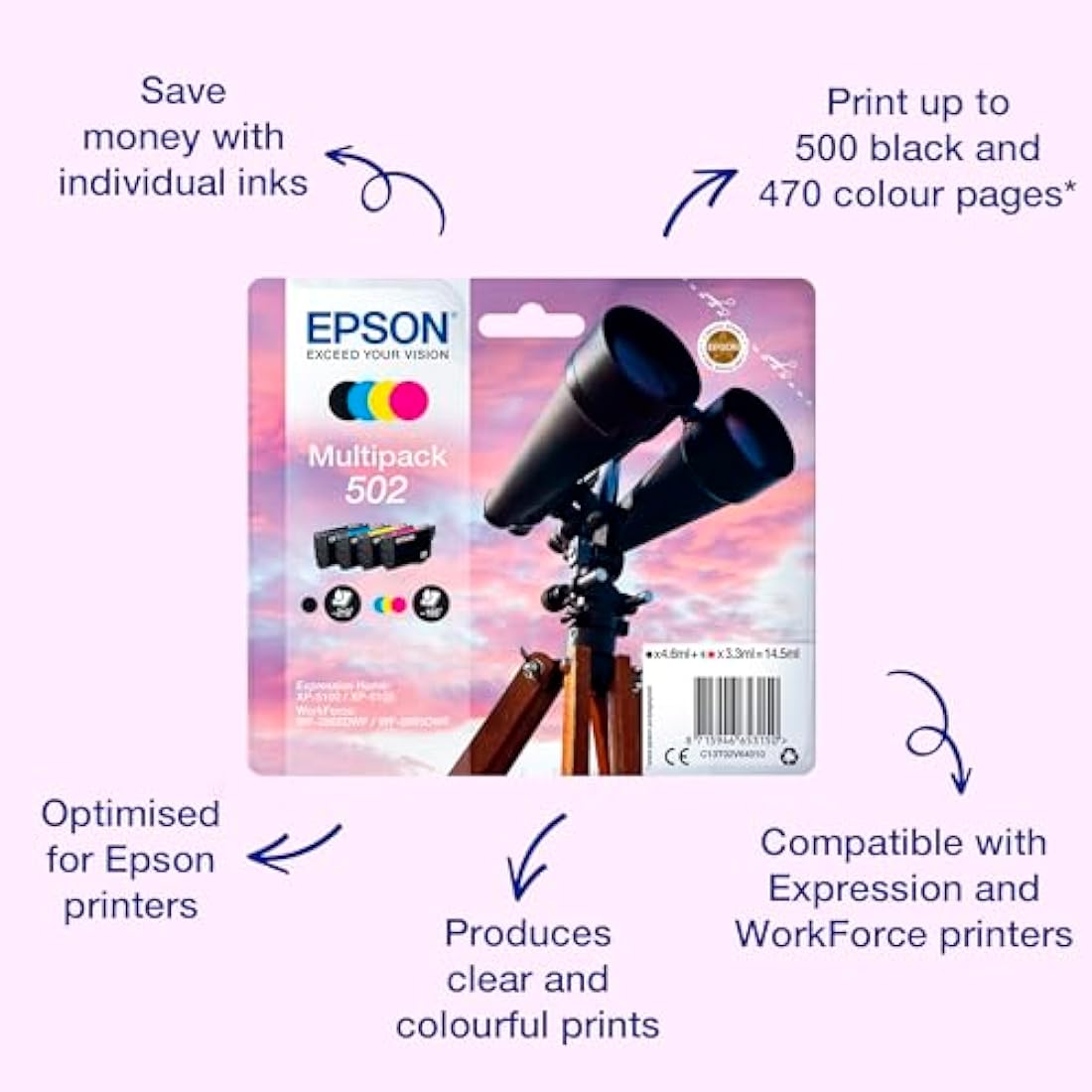 Epson 502 Binoculars Genuine Multipack, 4-colours Ink Cartridges
