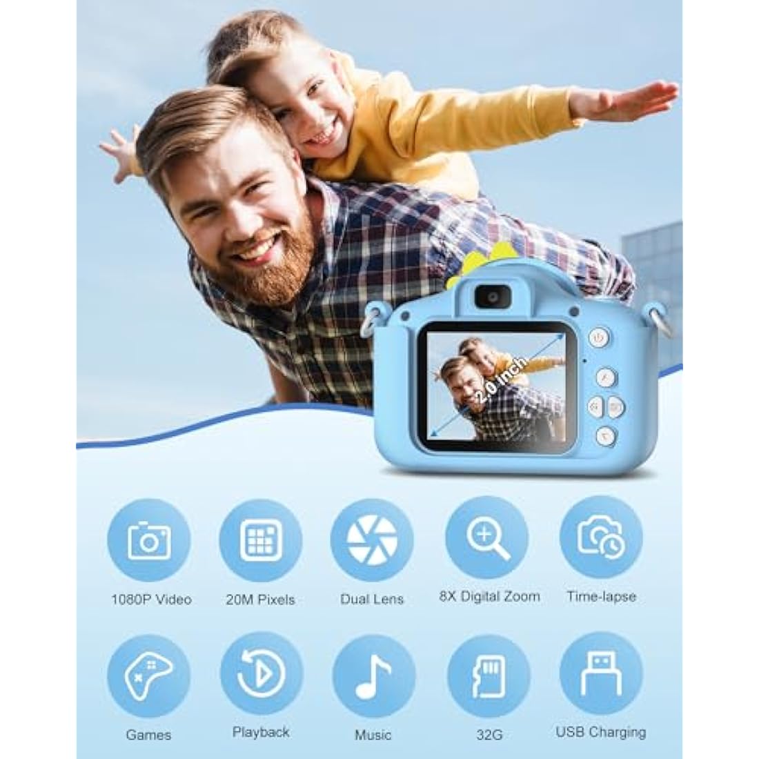 Hangrui Kids Camera, 20MP Kids Digital Dual Lens Cameras with Silicone Case 2.0 Inch IPS Screen 1080P Video Camcorder, 32GB Card,Shockproof Childrens Camera Toy for Boys & Girls Age 3-12(Blue)