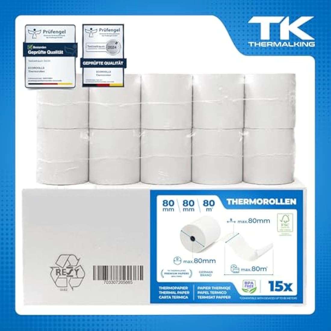 15 Rolls of Premium Thermal Paper 80mm x 80mm x 12mm - Certified for Checkout Printer like Epson, IBM, Metapace etc.