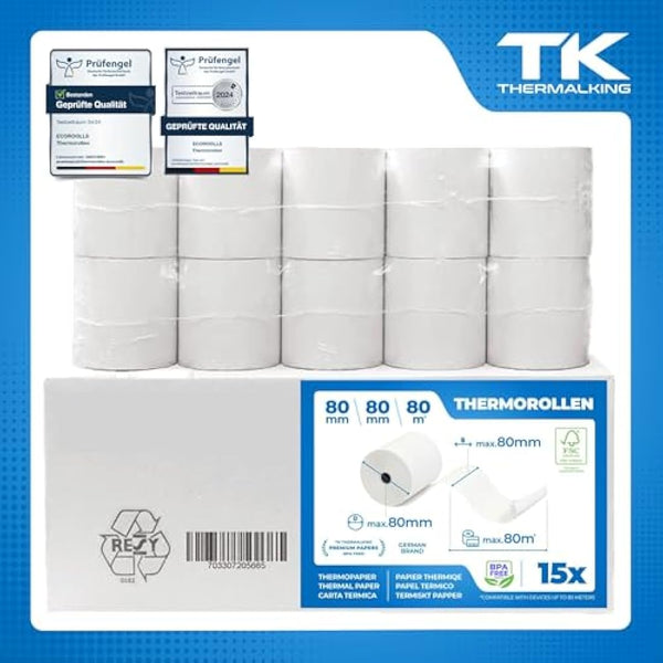 15 Rolls of Premium Thermal Paper 80mm x 80mm x 12mm - Certified for Checkout Printer like Epson, IBM, Metapace etc.