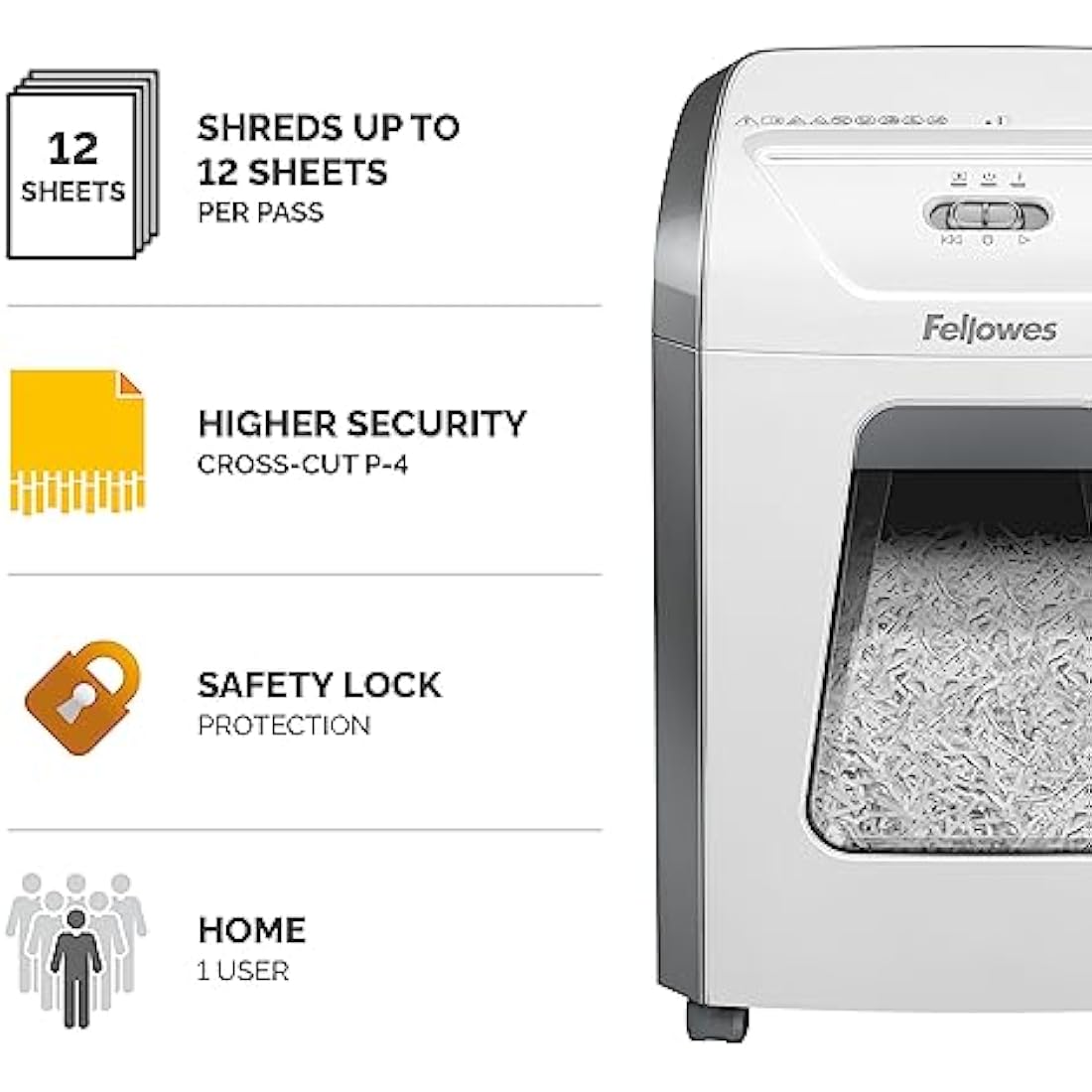 Fellowes Paper Shredder for Home Office Use - 12 Sheet Cross Cut Paper Shredder for Deskside Use - FS-12C Home Shredder with 19L Pull-out Bin - 20 Minute Run-Time - High Security P4 - Amazon Exclusive