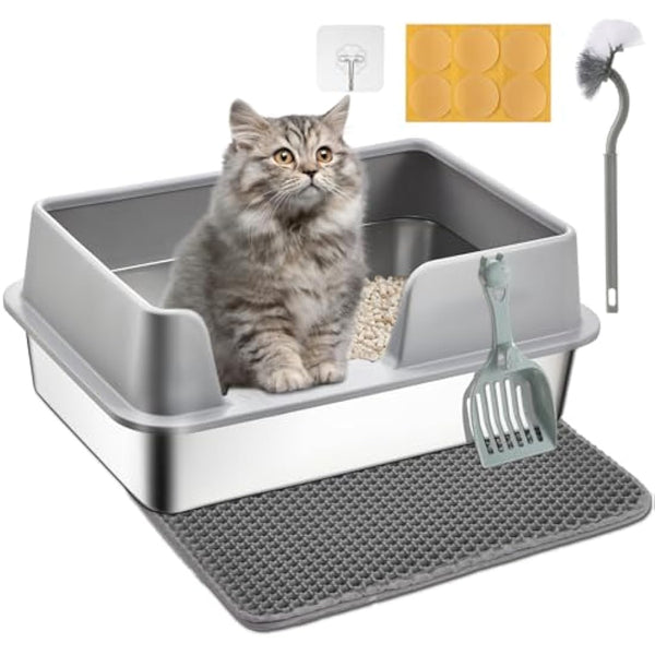 Papettly High Sided Stainless Steel Litter Box - Metal Cat Litter Tray with Splash-Proof Lid, Easy Cleaning & Odor-Less Kitten Litter Tray with Double Layer Litter Mat, Litter Scoop, Brush, 50x35x20CM
