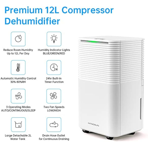 Hangsun 12L/Day Dehumidifier for Home Damp, Low Energy Dehumidifiers with Humidity Display, Laundry Drying, Continuous Drainage, 24H Timer Ideal for Large Room, Basement, Bedroom, Bathroom