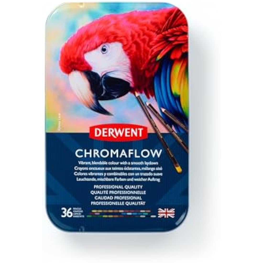 Derwent Chromaflow Pencils, Set of 36 in Tin, 3.5mm Round Core, Premium Core Strength, Blendable with Smooth Texture, Ideal for Drawing, Colouring & Layering, Professional Quality, 2306012