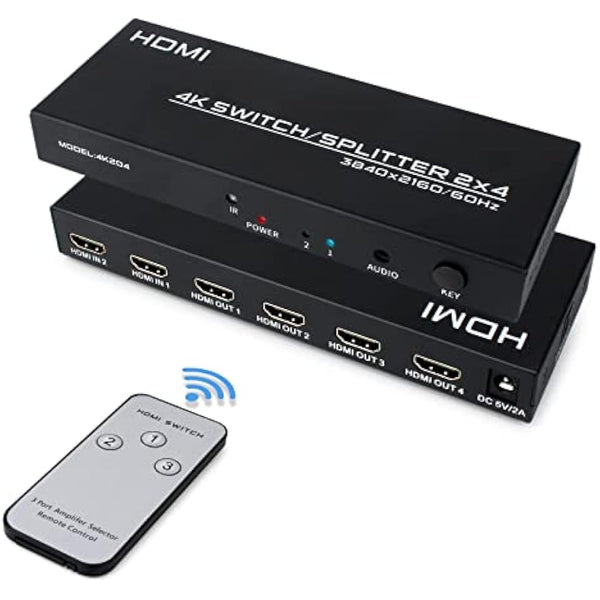 HDMI Switch Splitter 2 in 4 Out, 4K@60Hz HDMI Switch with Remote and Audio Out, Support 3D 1080P HDCP2.2 HDR for PS4, Xbox, HDTV, Blu-ray Player