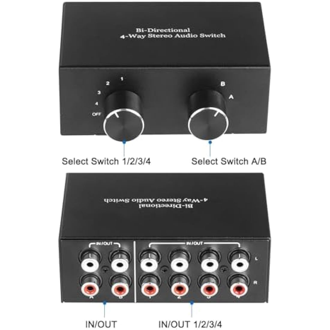 UNSTINCER RCA L/R Audio Switch 4(2) in-2(4) out, Bidirectional Noiseless hifi Stereo Audio Splitter Box, Analogue Aux Line Selector for Headphone Game Console Soundbar TV Speaker Turntalbe, Metal