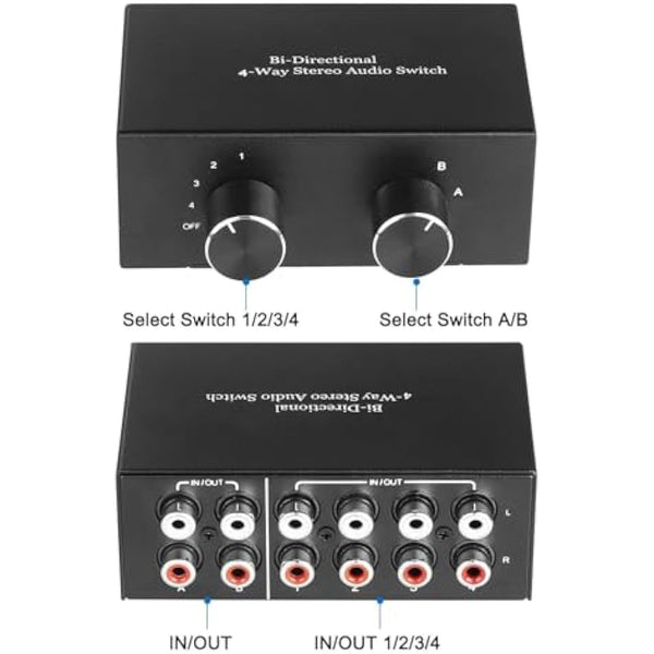 UNSTINCER RCA L/R Audio Switch 4(2) in-2(4) out, Bidirectional Noiseless hifi Stereo Audio Splitter Box, Analogue Aux Line Selector for Headphone Game Console Soundbar TV Speaker Turntalbe, Metal
