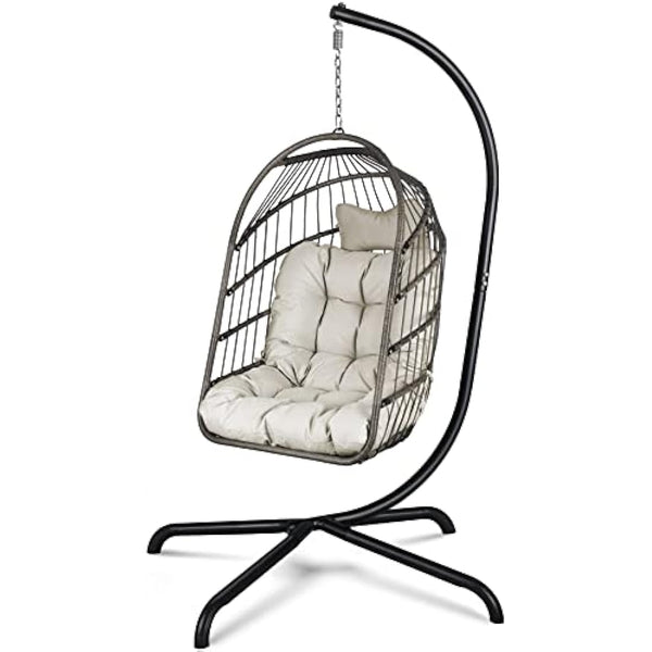 Chihee Egg Chair With Ultra Strong Stand and Cushion - Foldable Wicker Rattan Hanging Swing for Indoor Outdoor Patio Lounging - 330 lbs Capacity Hammock for Balcony, Porch, Bedroom, Garden