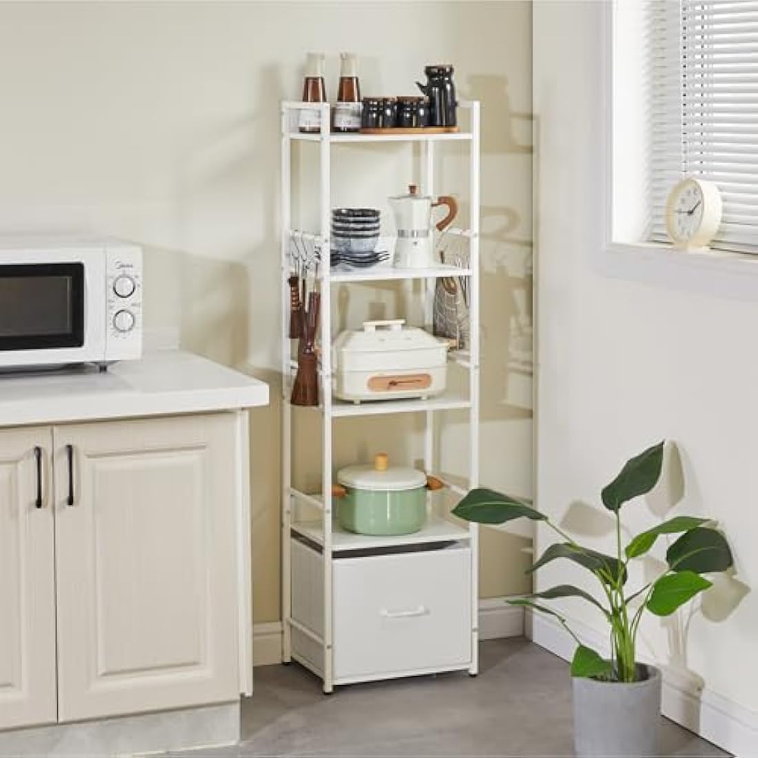 Aibiju Ladder Shelf, Bookshelf, 5 Tier Bookshelf with Drawer, Plant Stand, Living Room Bookcases for Living Room, Bedroom, Kitchen, Steel Frame,White YD-BC001W