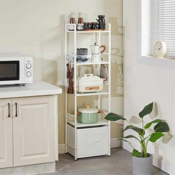 Aibiju Ladder Shelf, Bookshelf, 5 Tier Bookshelf with Drawer, Plant Stand, Living Room Bookcases for Living Room, Bedroom, Kitchen, Steel Frame,White YD-BC001W