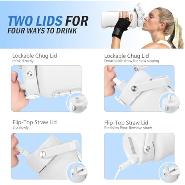 HYDRAGLAZIC 2L Glass Water Bottle with 2 Lids Flip and Chug Lids 2 Liter Large Water Jug with Time Marker and Silicone Sleeve BPA Free Leak-proof for Sports Gym, White