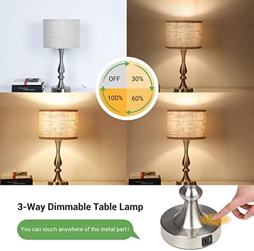 EDISHINE Bedside Lamps Set of 2, 3 Way Dimmable Touch Lamp with USB Charging, Table Lamps for Living Room, Bedroom, Beige Linen Shade (LED Bulbs Included)