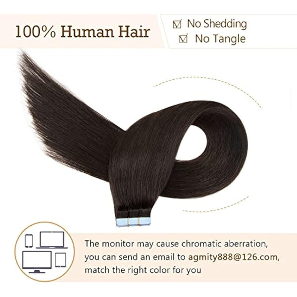 AGMITY Tape in Hair Extensions Human Hair Natural Black 16 inches 20pcs 40Gram Invisible Straight Seamless Skin Weft Remy Tape in Hair Extensions(16 inches #1B Off Black)