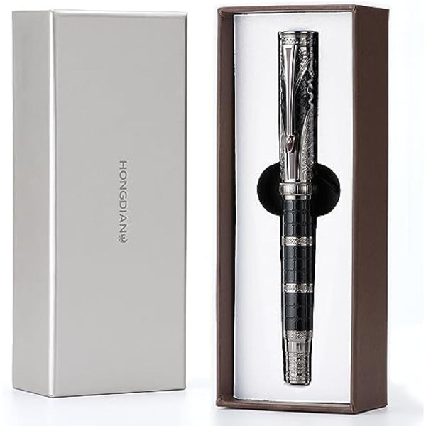 Hong Dian D5 Qin Dynasty Fountain Pen Silver Black Extra Fine Tip Piston Filler Pen Chinese Retro Totem Engraved Soft Writing Pen with Pen Box Set