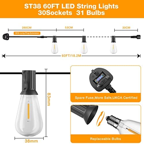 GLUROO Festoon Lights Outdoor 60FT, String Lights Mains Powered Waterproof with 31Pcs ST38 Plastic LED Bulbs, 2200K Warm White Garden Patio String Lights for Party Décor Wedding