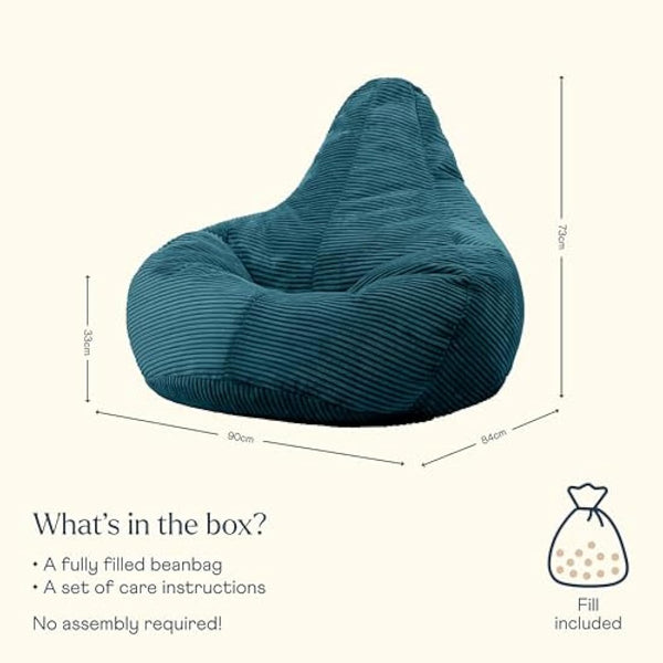 icon Dalton Cord Recliner Bean Bag, Teal Green, Large Adult Bean Bag Chair with Filling Included, Comfy Chair, Living Room Furniture, Bedroom Furniture