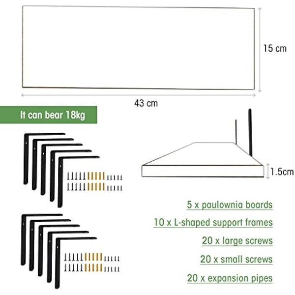 Mardili Shelves Wood Wall Mounted Shelf, Rustic Shelves Set of 5（White）, 42x15x1.5cm