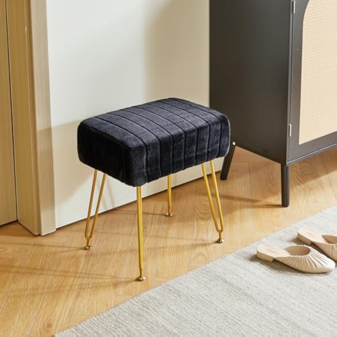 IBUYKE Velvet Rectangular Footrest Ottoman, Makeup Vanity Stool Side Table, Dressing Table Seat, Pouf Couch Stool, Golden Steel Legs, Black L/G-51B