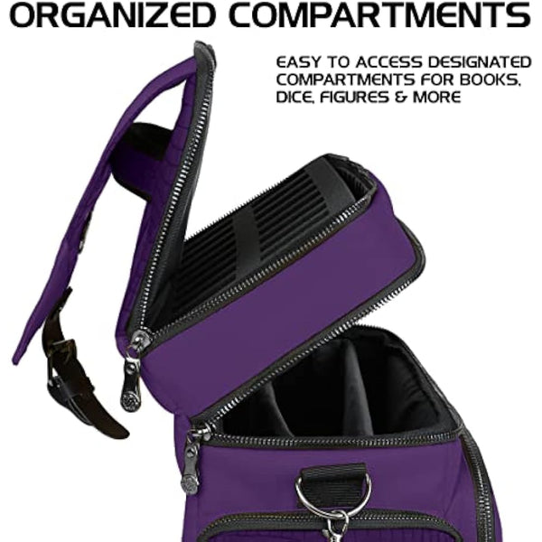 ENHANCE Collector's Edition RPG Adventurer's DND Bag - Dragon Hide Exterior Travel RPG Bag with Tabletop Miniatures Storage Vault, Mat Holder, DND Dice & Token Pockets, Fits 4-8 Books (Dragon Purple)