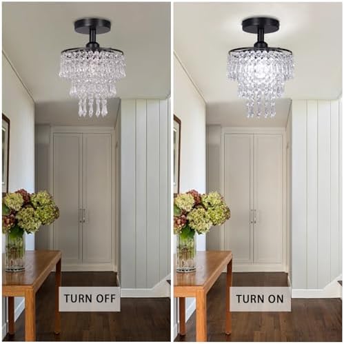 FRIXCHUR Mini Crystal Chandelier Ceiling Light Hallway Black Ceiling Lighting Fixture 3 Tiers Crystal Raindrop Flush Mount Chandeliers for Bedroom Kitchen Dining Room