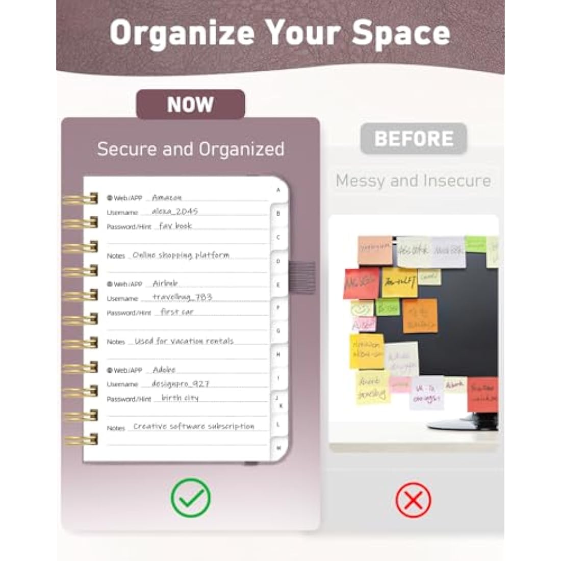 WEMATE Spiral Password Book with Alphabetical Tabs, Small Password Keeper Book for Seniors, Internet Password Notebook Hardcover Password Journal logbook – 12 x 15cm (Dusty Rose)