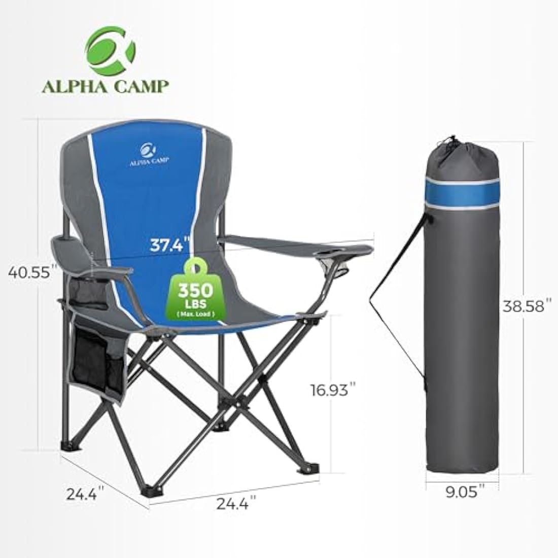 ALPHA CAMP Camping Folding Chair for Heavy People Portable Heavy Duty Chair Support 160 KG Oversized camp chair Outdoor for Adult with Cup Holder and Side Pocket, Blue/Gray