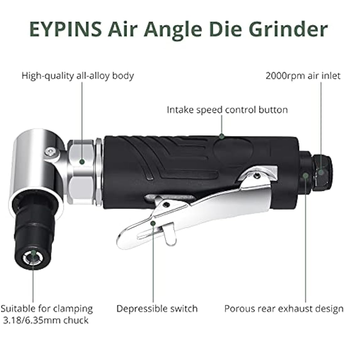 EYPINS Roloc Pneumatic Angle Grinder 1/4" 90psi (6.35 Bar) 20,000 RPM with 4 Different Discs 2 Chucks 3mm/6mm for Preparing Surfaces for Soldering, Polishing and Grinding Bodywork Lustre