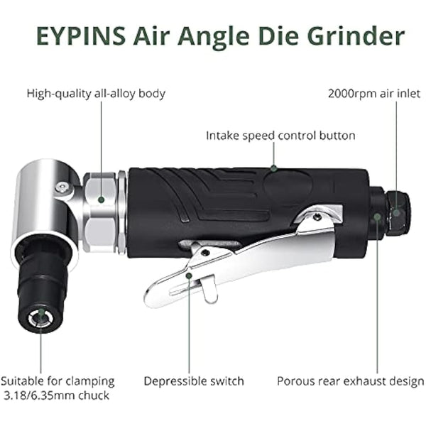EYPINS Roloc Pneumatic Angle Grinder 1/4" 90psi (6.35 Bar) 20,000 RPM with 4 Different Discs 2 Chucks 3mm/6mm for Preparing Surfaces for Soldering, Polishing and Grinding Bodywork Lustre