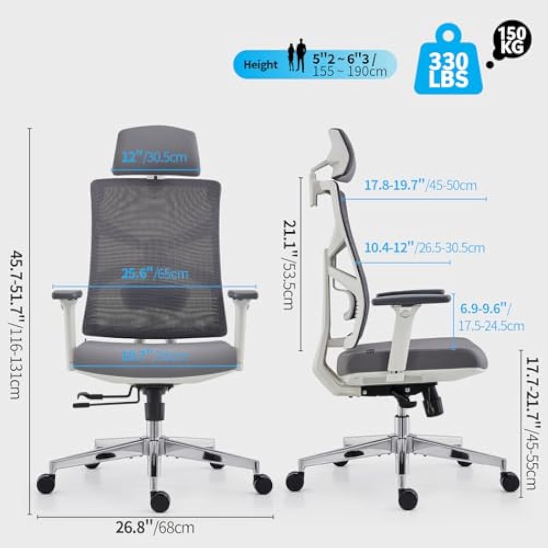 HOLLUDLE Ergonomic Office Chair with Adaptive Backrest, High Back Computer Desk Chair with 4D Armrests, Adjustable Seat Depth, Lumbar Support and 2D Headrest, Swivel Task Chair, White