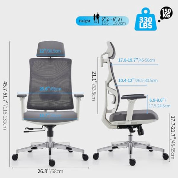 HOLLUDLE Ergonomic Office Chair with Adaptive Backrest, High Back Computer Desk Chair with 4D Armrests, Adjustable Seat Depth, Lumbar Support and 2D Headrest, Swivel Task Chair, White