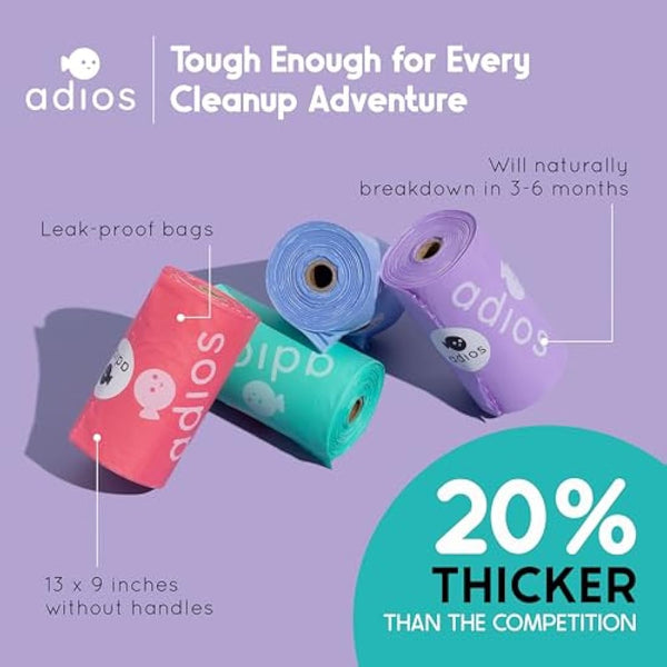 Adios - Compostable Dog Poop Bags, 360 Count (24 Rolls) - Rainbow Colours - Extra Thick, Leakproof, Odour Proof Dog Waste Bags - Made from Compostable Cornstarch - Easy Tear Rolls, Packaging May Vary