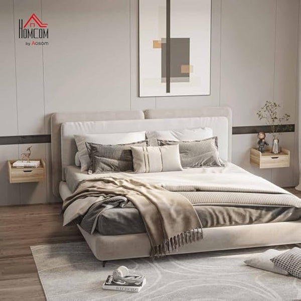 HOMCOM Floating Nightstand Set of 2 Wall Mounted Bedside Table with Storage Drawer for Bedroom, Natural