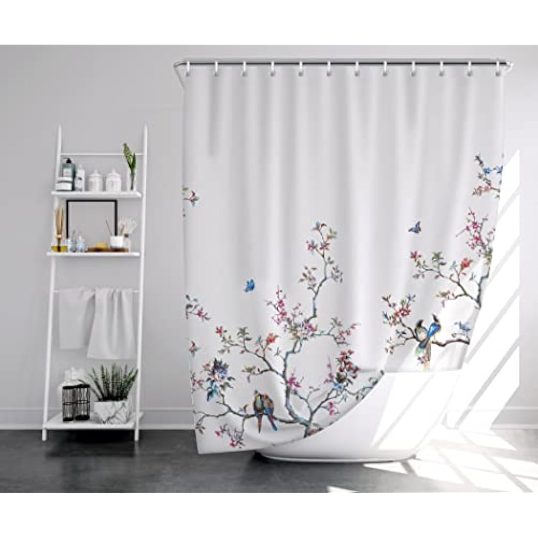 LIVETTY White Bird Floral Shower Curtain 180cm × 180cm Mould Proof Butterfly Fabric Bathroom curtain For Women & Men With 12 Hooks Washable Quick-Drying Curtains