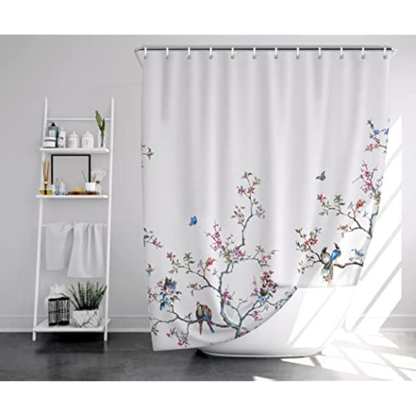 LIVETTY White Bird Floral Shower Curtain 180cm × 180cm Mould Proof Butterfly Fabric Bathroom curtain For Women & Men With 12 Hooks Washable Quick-Drying Curtains