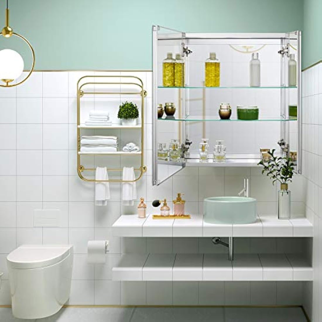 Fundin Aluminum Mirror Cabinet for Bathroom Recess Mount or Surface Mount, with Double Sided Mirror Door, 50 x 61 cm, with Adjustable Tempered Glass Shelves