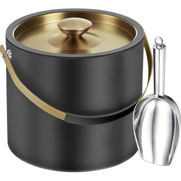 3.2L Modern Insulated Ice Bucket with Silicone Lid, Scoop, Strainer, Double Wall Stainless Steel Ice Bucket for Parties & Cocktail Bar,Ideal for Gift(Black)