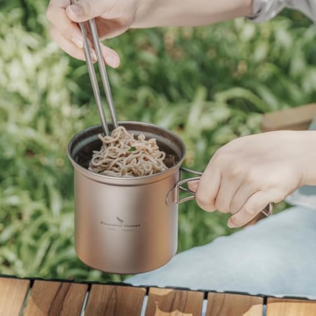 iBasingo Titanium Camping Pots Pans Set Lightweight Outdoor Backpacking Cookware with Folding Handle Compact Cooking Mess Kit Portable Travel Cookset, Rust-proof, Non-toxic