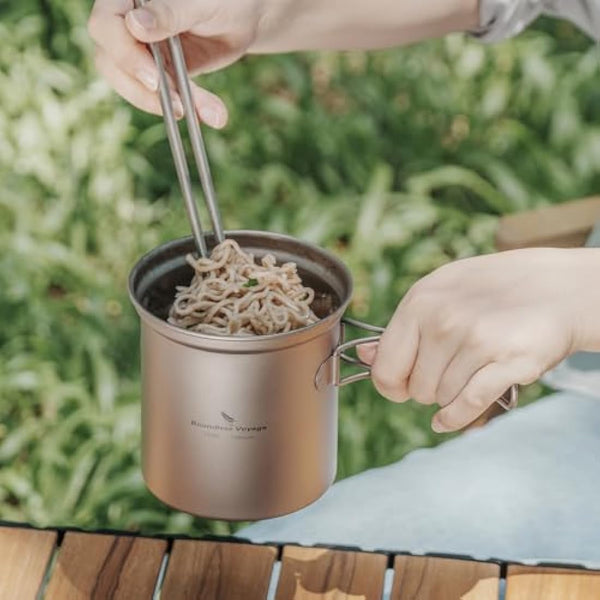 iBasingo Titanium Camping Pots Pans Set Lightweight Outdoor Backpacking Cookware with Folding Handle Compact Cooking Mess Kit Portable Travel Cookset, Rust-proof, Non-toxic