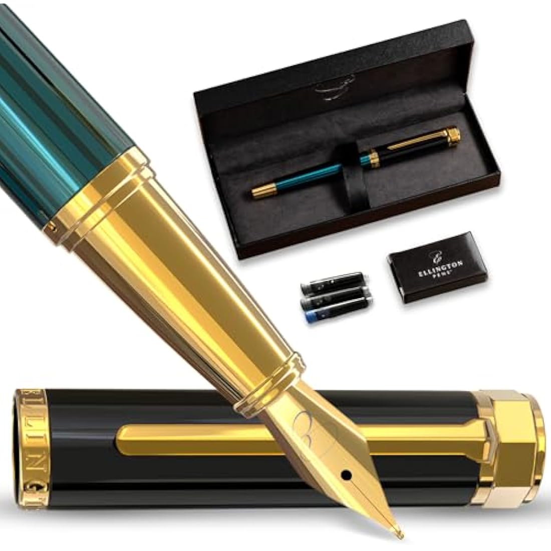 Ellington Pens Luxury Fountain Pen Set- Fountain Pens for Writing - Smooth Nib - Includes Refillable Ink Converter, 3 Ink Cartridges [2 Black & 1 Blue], Gift Box - Elegant Calligraphy