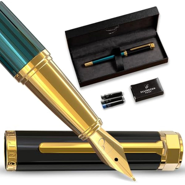 Ellington Pens Luxury Fountain Pen Set- Fountain Pens for Writing - Smooth Nib - Includes Refillable Ink Converter, 3 Ink Cartridges [2 Black & 1 Blue], Gift Box - Elegant Calligraphy