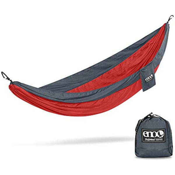 ENO Singlenest Hammock Red Charcoal Soft Breathable Fabric 70 Denier High Tenacity Nylon Taffeta Heavy Duty Triple Stitched Fast Dry Compression Stuffsack Aluminium Wiregate Carabiners Weight 454 g