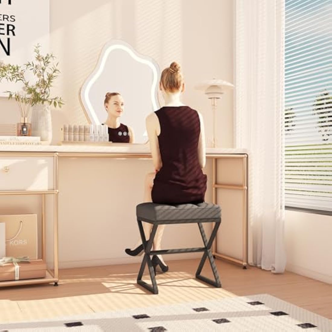YMYNY Vanity Stool, Linen Footrest Stool, Square Ottoman Bench with X-Shaped Metal Legs, Makeup Dressing Stool for Vanity, Living Room, Bedroom, Entryway, Hallways 40×30×46CM Grey HBD033G